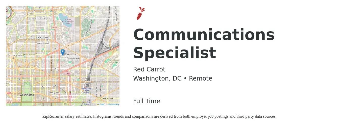 Red Carrot job posting for a Communications Specialist in Washington, DC with a salary of $60,400 to $80,100 Yearly with a map of Washington location.