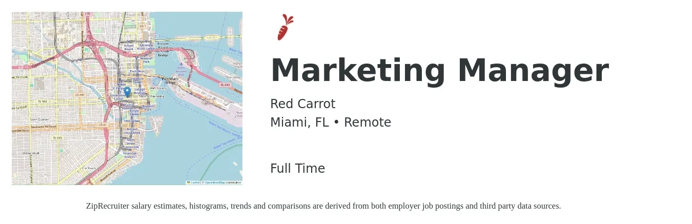 Red Carrot job posting for a Marketing Manager in Miami, FL with a salary of $57,400 to $93,700 Yearly with a map of Miami location.