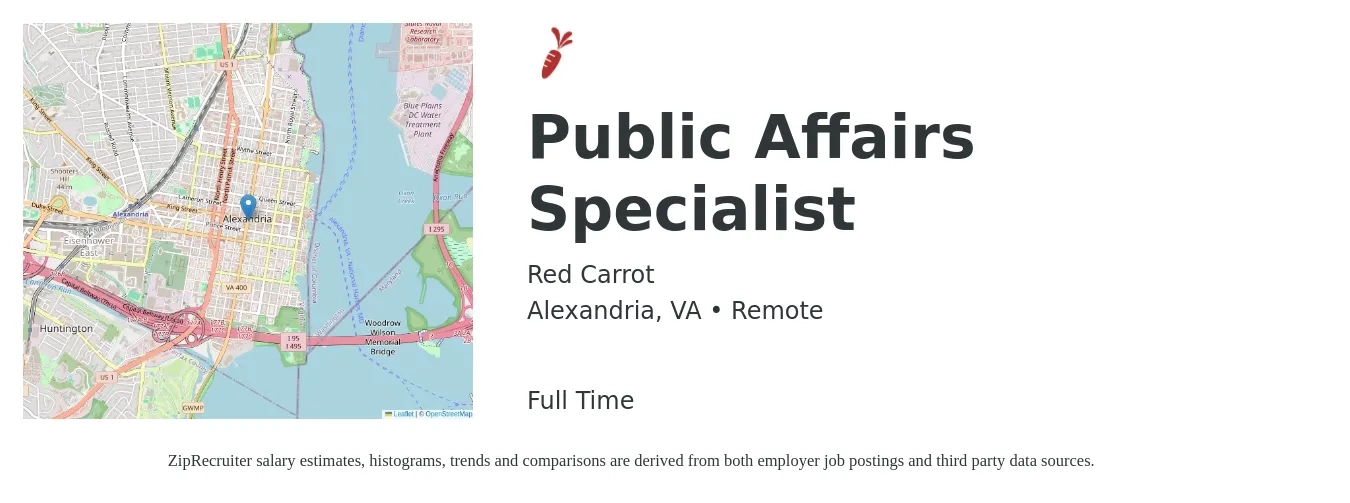 Red Carrot job posting for a Public Affairs Specialist in Alexandria, VA with a salary of $70,600 to $119,900 Yearly with a map of Alexandria location.