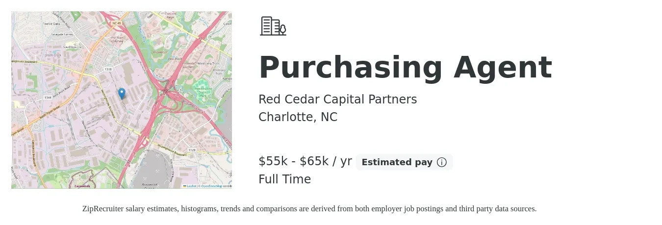 Red Cedar Capital Partners job posting for a Purchasing Agent in Charlotte, NC with a salary of $55,000 to $65,000 Yearly with a map of Charlotte location.