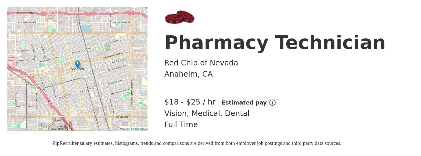 Red Chip of Nevada job posting for a Pharmacy Technician in Anaheim, CA with a salary of $19 to $26 Hourly and benefits including dental, life_insurance, medical, pto, retirement, and vision with a map of Anaheim location.