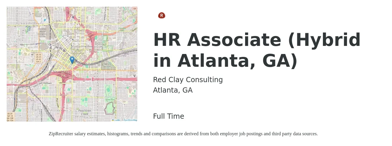 Red Clay Consulting job posting for a HR Associate (Hybrid in Atlanta, GA) in Atlanta, GA with a salary of $20 to $28 Hourly with a map of Atlanta location.