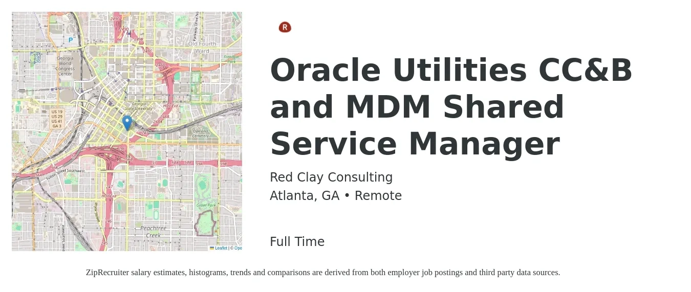 Red Clay Consulting job posting for a Oracle Utilities CC&B and MDM Shared Service Manager in Atlanta, GA with a salary of $58,600 to $87,400 Yearly with a map of Atlanta location.