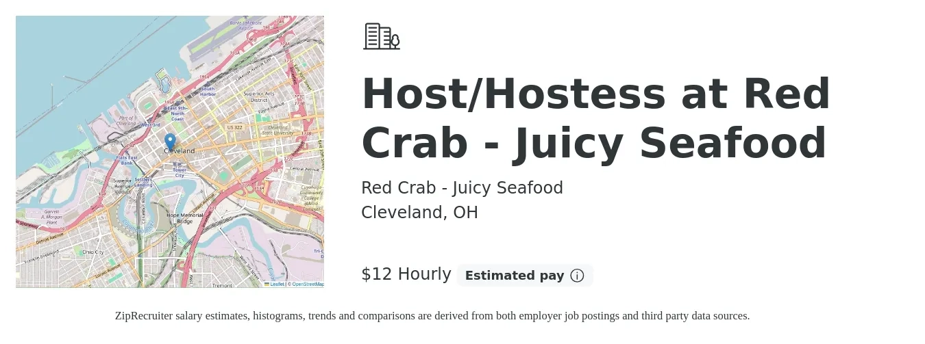 Red Crab - Juicy Seafood job posting for a Host/Hostess at Red Crab - Juicy Seafood in Cleveland, OH with a salary of $13 to $14 Hourly with a map of Cleveland location.
