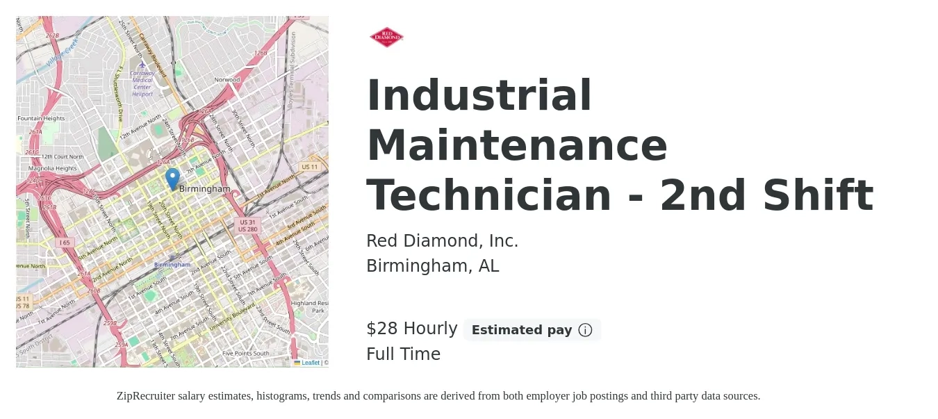 Red Diamond, Inc. job posting for a Industrial Maintenance Technician - 2nd Shift in Birmingham, AL with a salary of $22 to $28 Hourly with a map of Birmingham location.
