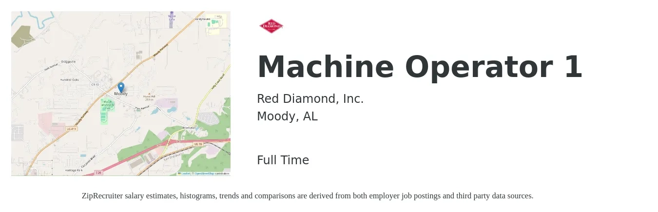 Red Diamond, Inc. job posting for a Machine Operator 1 in Moody, AL with a salary of $14 to $17 Hourly with a map of Moody location.