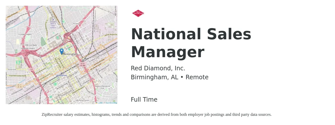 Red Diamond, Inc. job posting for a National Sales Manager in Birmingham, AL with a salary of $78,300 to $110,100 Yearly with a map of Birmingham location.