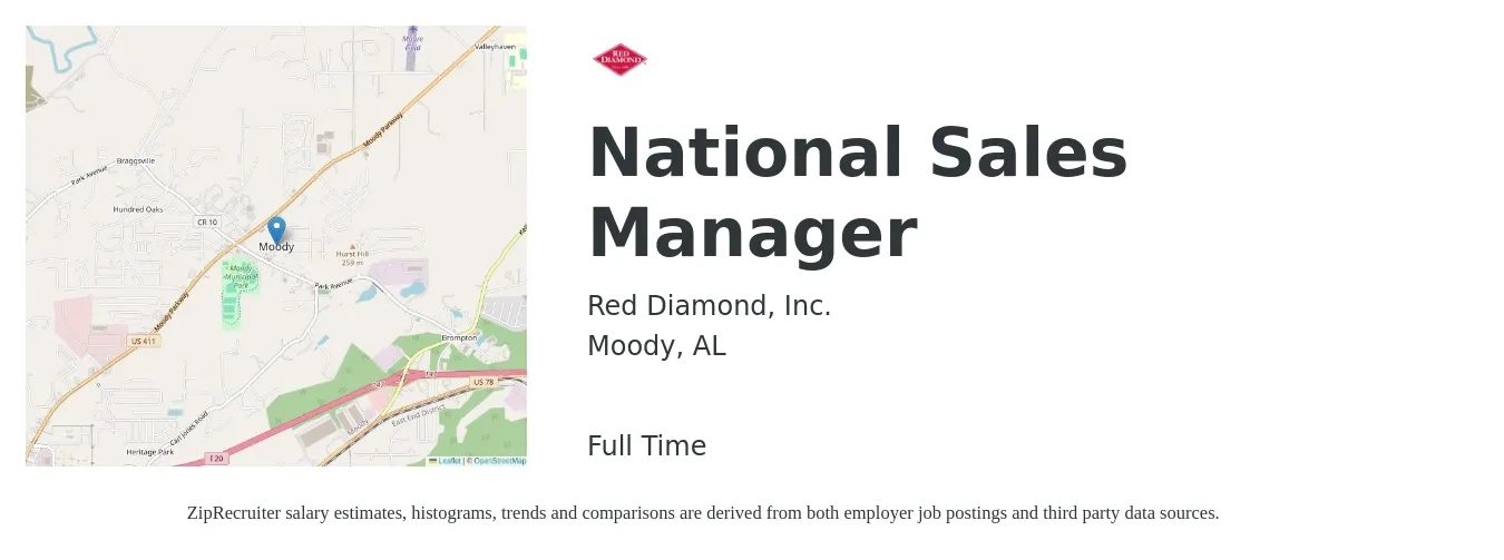 Red Diamond, Inc. job posting for a National Sales Manager in Moody, AL with a salary of $71,000 to $100,000 Yearly with a map of Moody location.
