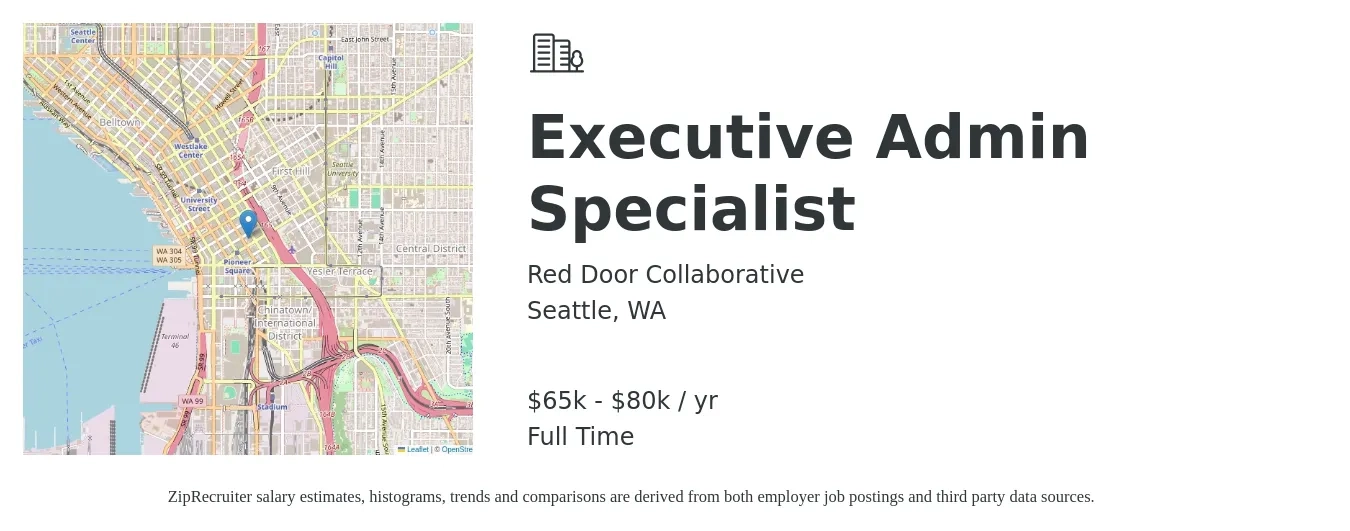 Red Door Collaborative job posting for a Executive Admin Specialist in Seattle, WA with a salary of $65,000 to $80,000 Yearly with a map of Seattle location.