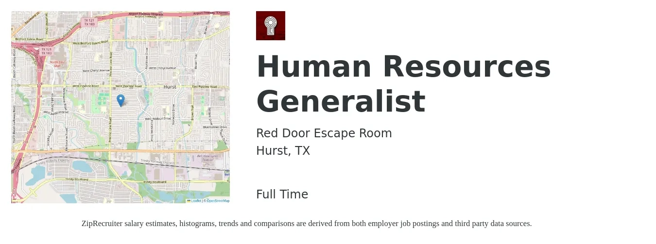 Red Door Escape Room job posting for a Human Resources Generalist in Hurst, TX with a salary of $50,000 to $60,000 Yearly with a map of Hurst location.