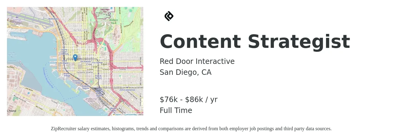 Red Door Interactive job posting for a Content Strategist in San Diego, CA with a salary of $76,000 to $86,000 Yearly with a map of San Diego location.