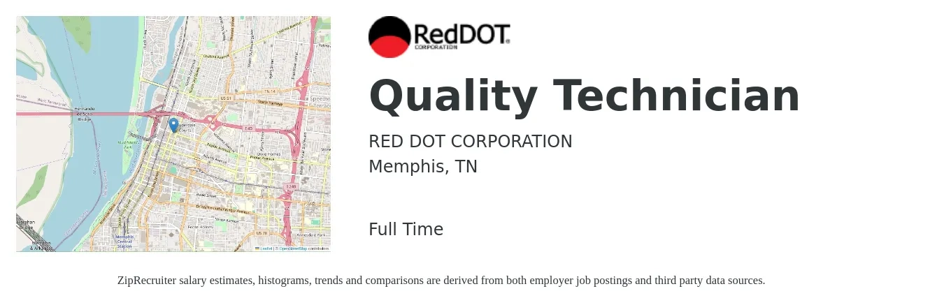 RED DOT CORPORATION job posting for a Quality Technician in Memphis, TN with a salary of $17 to $23 Hourly with a map of Memphis location.