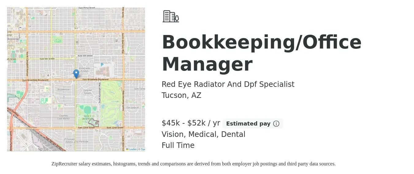 Red Eye Radiator And Dpf Specialist job posting for a Bookkeeping/Office Manager in Tucson, AZ with a salary of $45,000 to $52,000 Yearly and benefits including dental, medical, pto, retirement, and vision with a map of Tucson location.