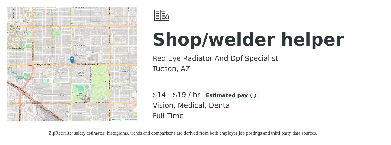 Red Eye Radiator And Dpf Specialist job posting for a Shop/welder helper in Tucson, AZ with a salary of $16 to $20 Hourly and benefits including vision, dental, medical, pto, and retirement with a map of Tucson location.