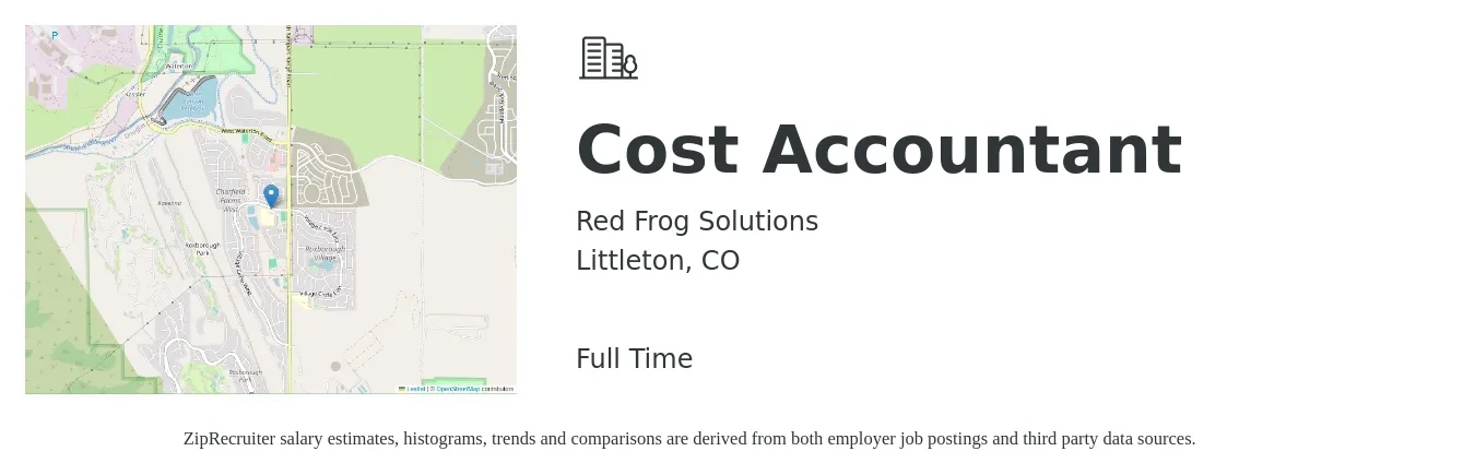Red Frog Solutions job posting for a Cost Accountant in Littleton, CO with a salary of $64,300 to $85,800 Yearly with a map of Littleton location.