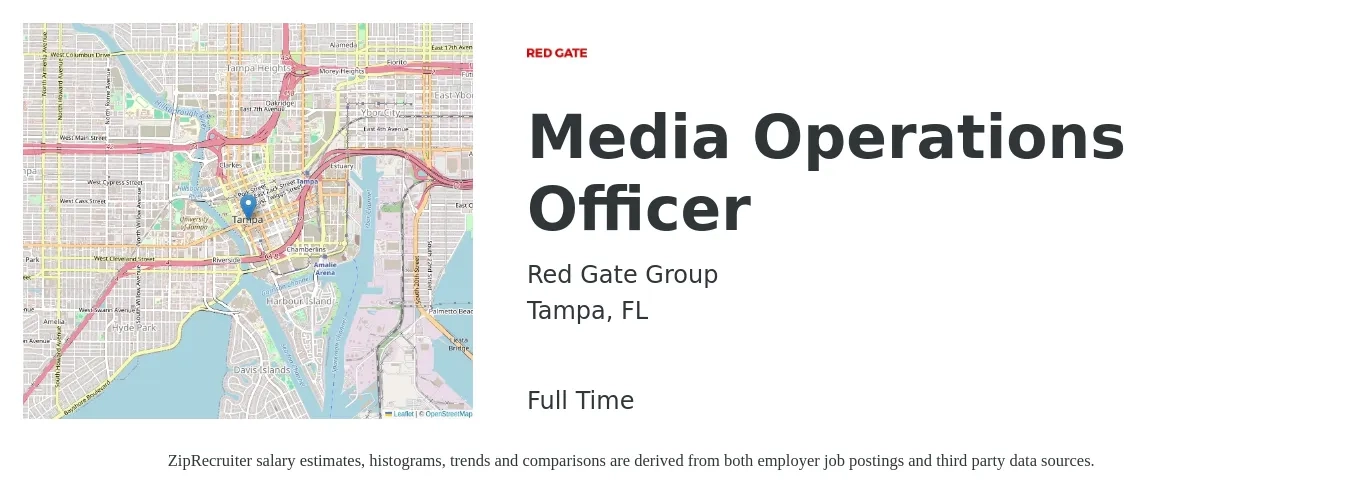 Red Gate Group job posting for a Media Operations Officer in Tampa, FL with a salary of $37,300 to $96,900 Yearly with a map of Tampa location.