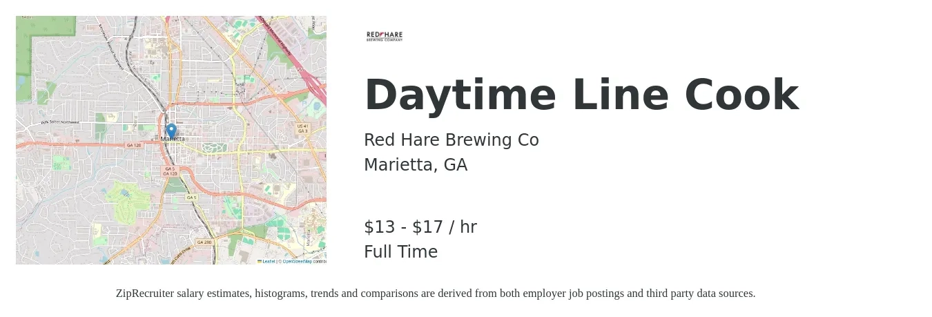 Red Hare Brewing Co job posting for a Daytime Line Cook in Marietta, GA with a salary of $14 to $18 Hourly with a map of Marietta location.