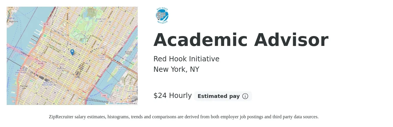 Red Hook Initiative job posting for a Academic Advisor in New York, NY with a salary of $25 Hourly with a map of New York location.