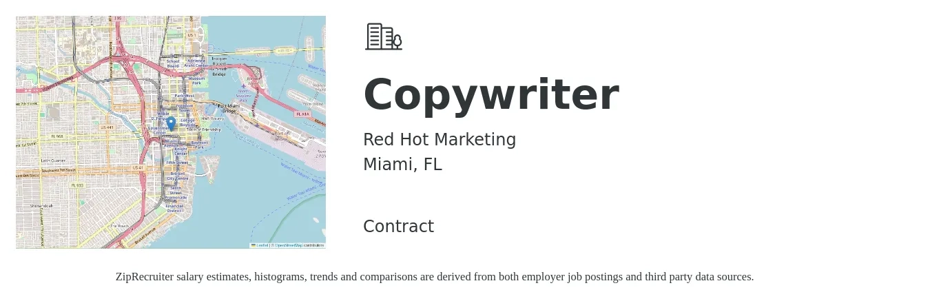 Red Hot Marketing job posting for a Copywriter in Miami, FL with a salary of $28 to $41 Hourly with a map of Miami location.