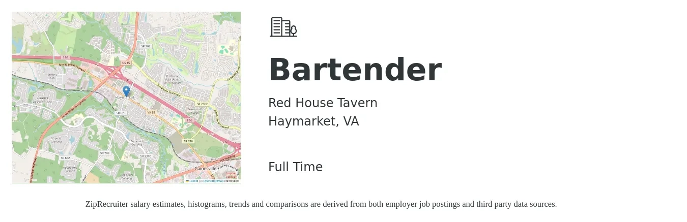 Red House Tavern job posting for a Bartender in Haymarket, VA with a salary of $700 to $1,200 Weekly with a map of Haymarket location.