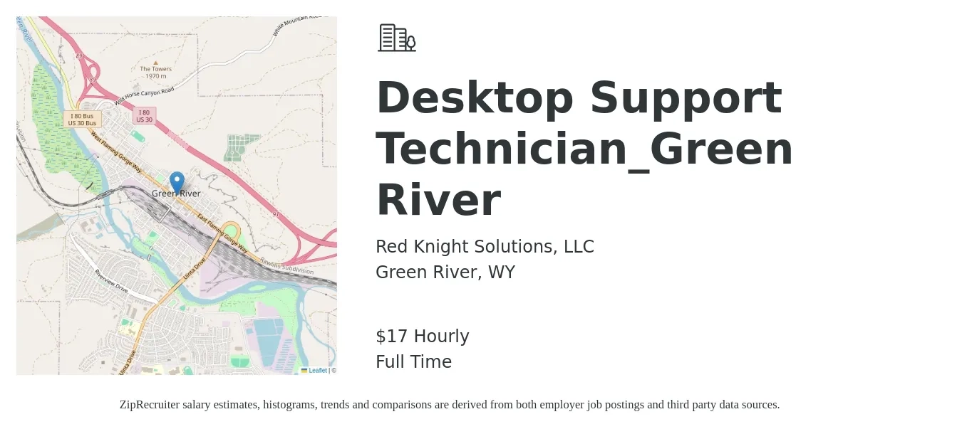 Red Knight Solutions, LLC job posting for a Desktop Support Technician_Green River in Green River, WY with a salary of $17 to $18 Hourly with a map of Green River location.