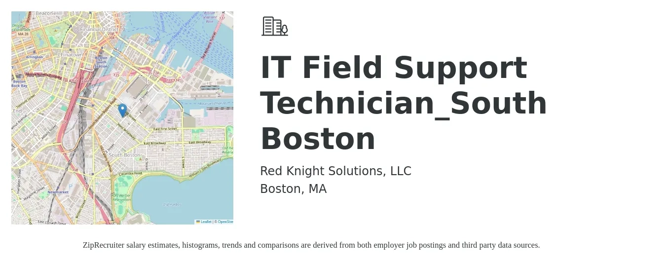 Red Knight Solutions, LLC job posting for a IT Field Support Technician_South Boston in Boston, MA with a salary of $22 to $32 Hourly with a map of Boston location.