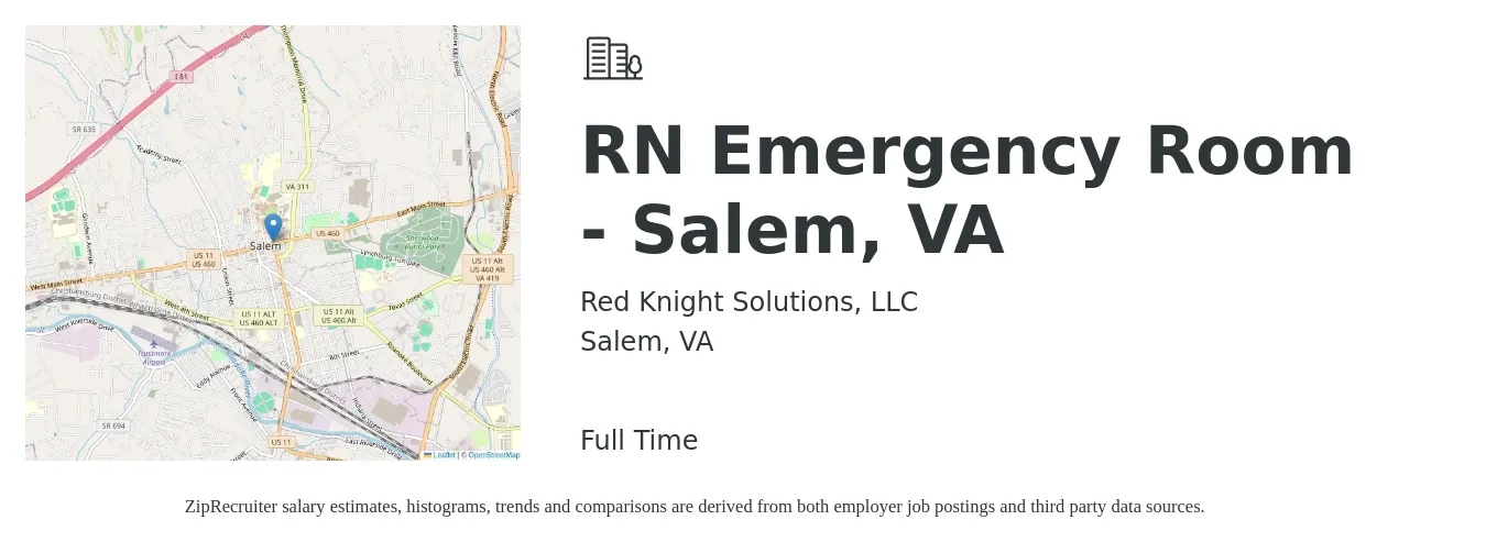 Red Knight Solutions, LLC job posting for a RN Emergency Room - Salem, VA in Salem, VA with a salary of $40 Hourly with a map of Salem location.