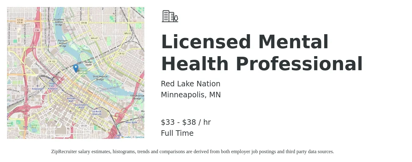 Red Lake Nation job posting for a Licensed Mental Health Professional in Minneapolis, MN with a salary of $35 to $40 Hourly with a map of Minneapolis location.