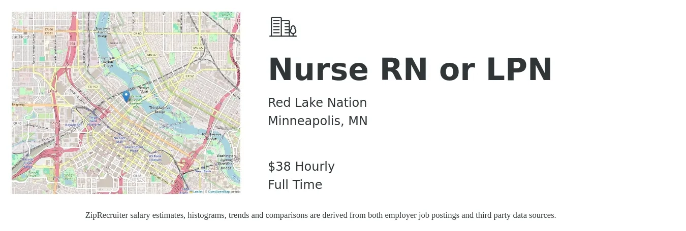 Red Lake Nation job posting for a Nurse RN or LPN in Minneapolis, MN with a salary of $40 Hourly with a map of Minneapolis location.