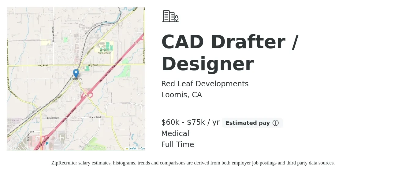 Red Leaf Developments job posting for a CAD Drafter / Designer in Loomis, CA with a salary of $60,000 to $75,000 Yearly and benefits including medical, pto, and retirement with a map of Loomis location.