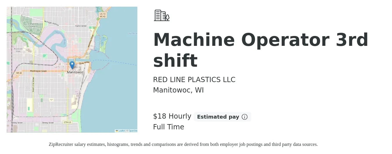 RED LINE PLASTICS LLC job posting for a Machine Operator 3rd shift in Manitowoc, WI with a salary of $20 Hourly with a map of Manitowoc location.