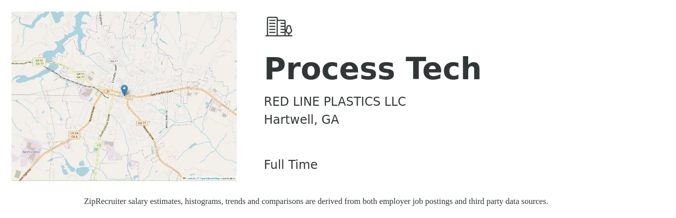 RED LINE PLASTICS LLC job posting for a Process Tech in Hartwell, GA with a salary of $19 to $27 Hourly with a map of Hartwell location.