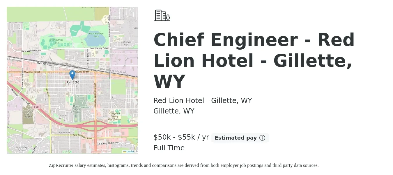 Red Lion Hotel - Gillette, WY job posting for a Chief Engineer - Red Lion Hotel - Gillette, WY in Gillette, WY with a salary of $50,000 to $55,000 Yearly with a map of Gillette location.