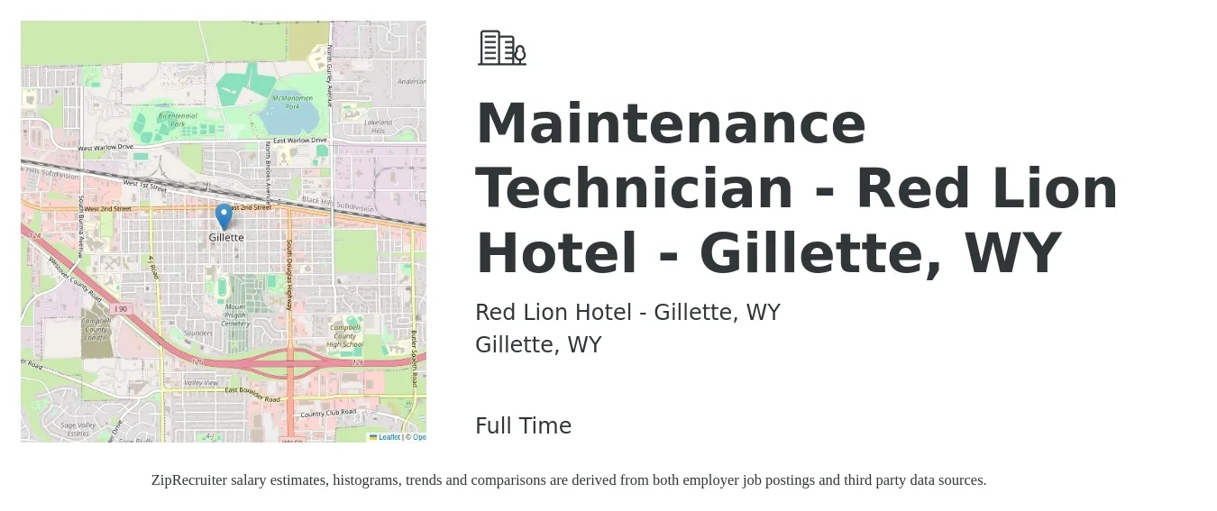 Red Lion Hotel - Gillette, WY job posting for a Maintenance Technician - Red Lion Hotel - Gillette, WY in Gillette, WY with a salary of $14 to $18 Hourly with a map of Gillette location.