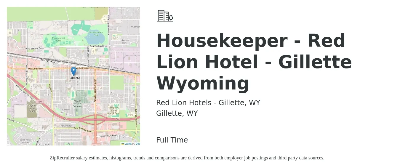 Red Lion Hotels - Gillette, WY job posting for a Housekeeper - Red Lion Hotel - Gillette Wyoming in Gillette, WY with a salary of $12 to $16 Hourly with a map of Gillette location.