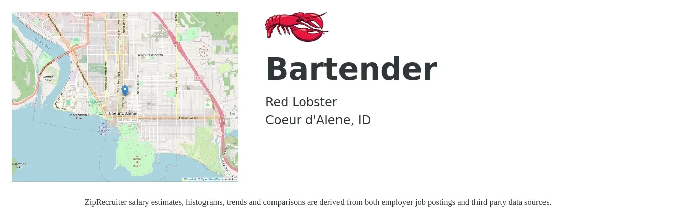 Red Lobster job posting for a Bartender in Coeur d'Alene, ID with a salary of $10 to $18 Hourly with a map of Coeur d'Alene location.
