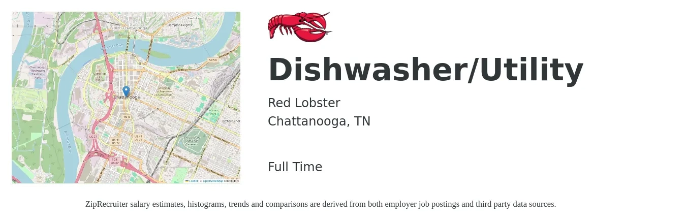 Red Lobster job posting for a Dishwasher/Utility in Chattanooga, TN with a salary of $12 to $15 Hourly with a map of Chattanooga location.