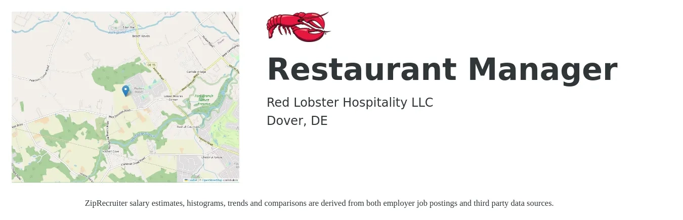 Red Lobster Hospitality LLC job posting for a Restaurant Manager in Dover, DE with a salary of $45,000 to $63,500 Yearly with a map of Dover location.