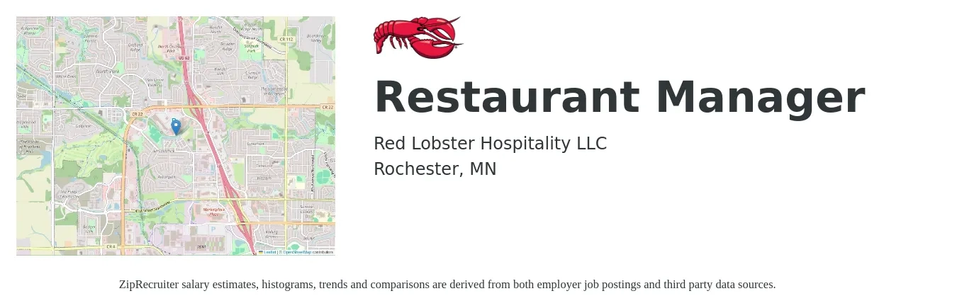 Red Lobster Hospitality LLC job posting for a Restaurant Manager in Rochester, MN with a salary of $41,300 to $58,200 Yearly with a map of Rochester location.