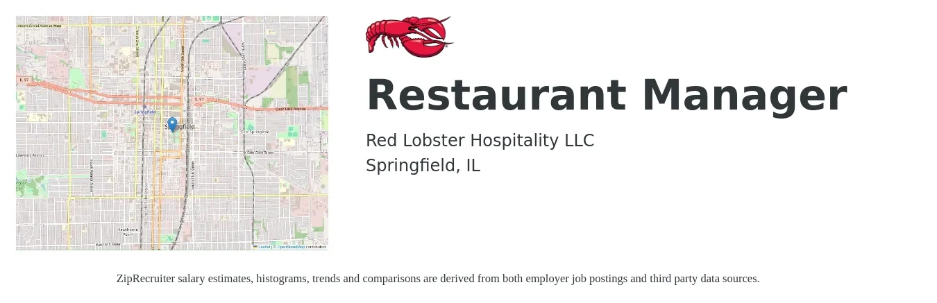 Red Lobster Hospitality LLC job posting for a Restaurant Manager in Springfield, IL with a salary of $44,600 to $62,900 Yearly with a map of Springfield location.