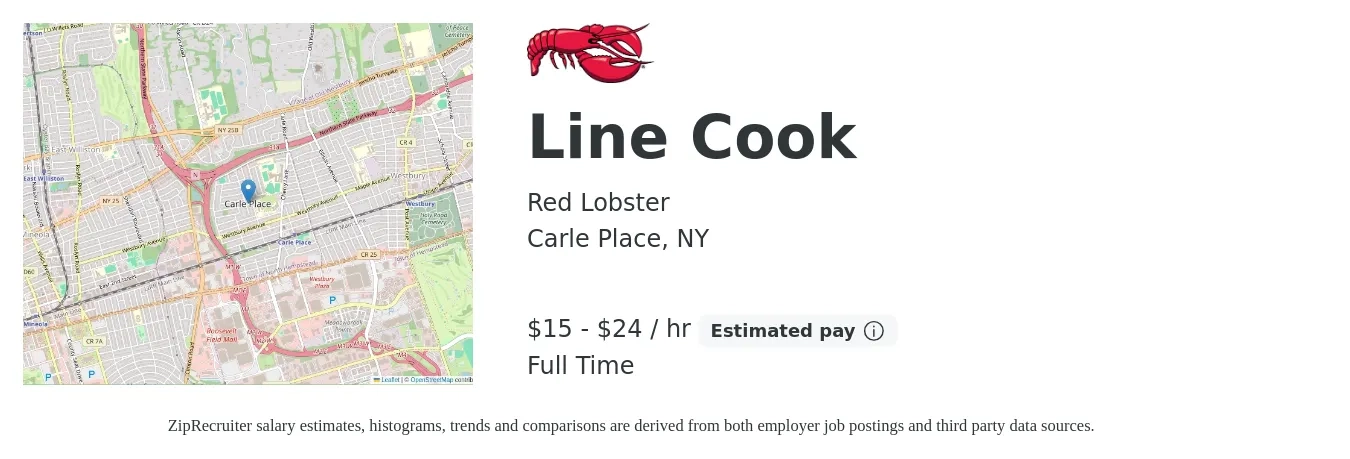 Red Lobster job posting for a Line Cook in Carle Place, NY with a salary of $16 to $25 Hourly with a map of Carle Place location.