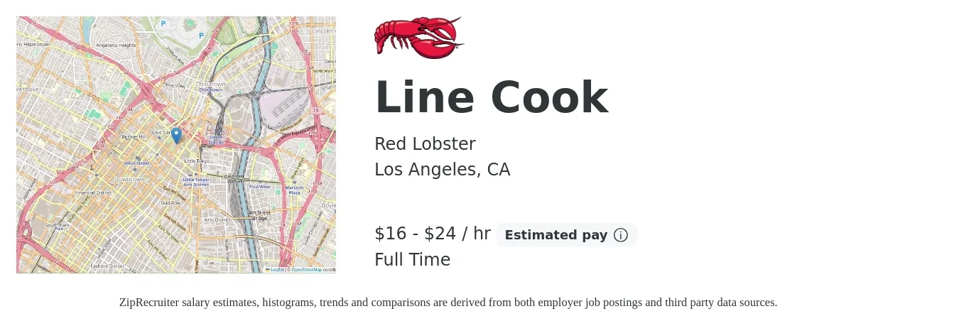 Red Lobster job posting for a Line Cook in Los Angeles, CA with a salary of $17 to $25 Hourly with a map of Los Angeles location.