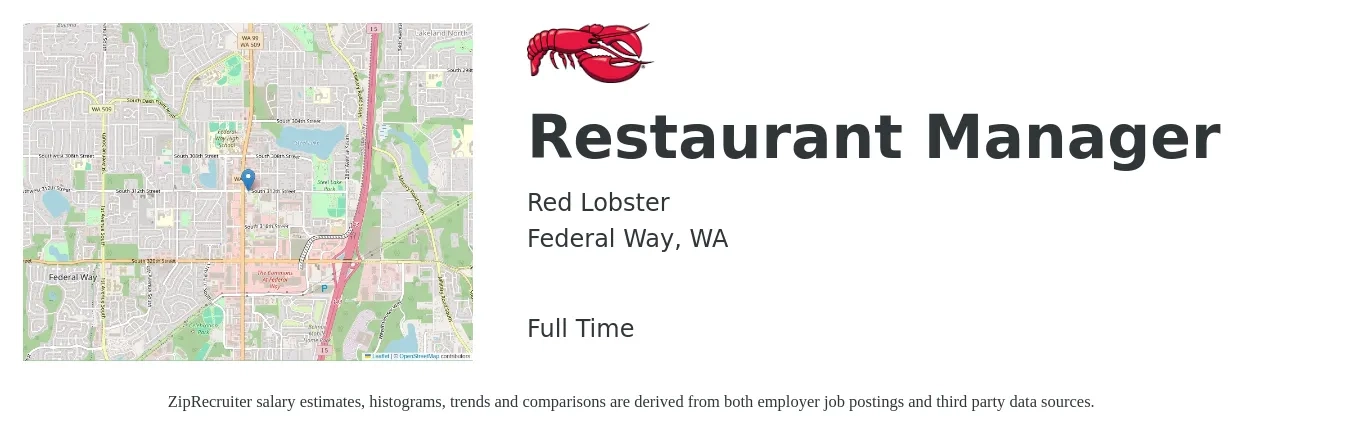 Red Lobster job posting for a Restaurant Manager in Federal Way, WA with a salary of $50,300 to $70,900 Yearly with a map of Federal Way location.