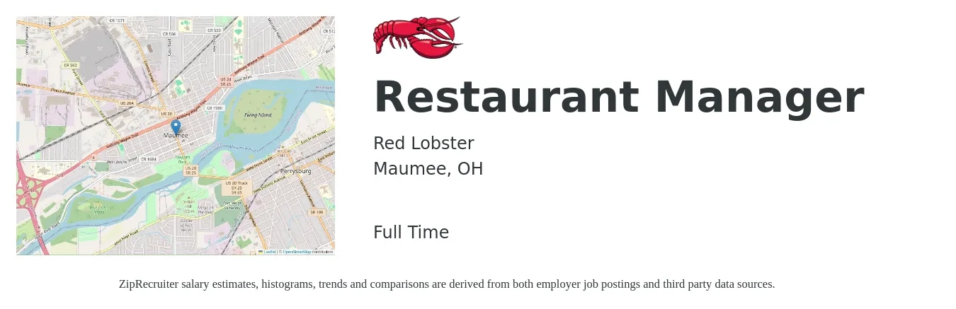 Red Lobster job posting for a Restaurant Manager in Maumee, OH with a salary of $42,400 to $59,900 Yearly with a map of Maumee location.