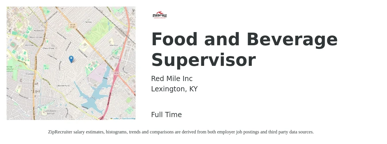 Red Mile Inc job posting for a Food and Beverage Supervisor in Lexington, KY with a salary of $36,900 to $59,800 Yearly with a map of Lexington location.