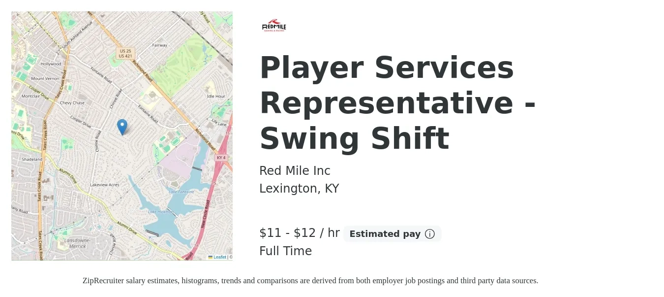 Red Mile Inc job posting for a Player Services Representative - Swing Shift in Lexington, KY with a salary of $12 to $13 Hourly with a map of Lexington location.
