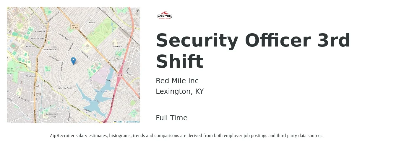 Red Mile Inc job posting for a Security Officer 3rd Shift in Lexington, KY with a salary of $14 to $17 Hourly with a map of Lexington location.
