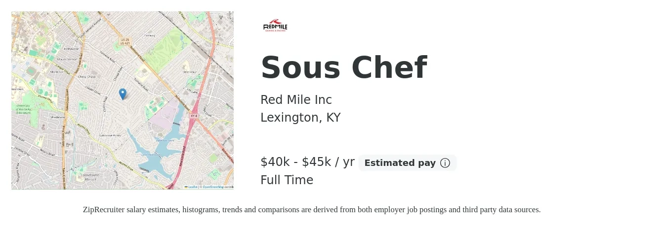 Red Mile Inc job posting for a Sous Chef in Lexington, KY with a salary of $40,000 to $45,000 Yearly with a map of Lexington location.