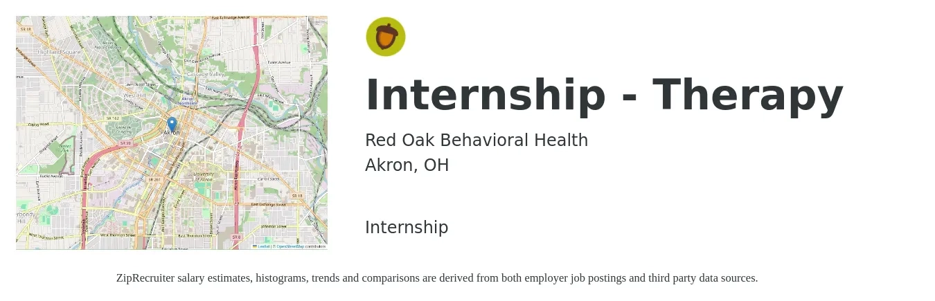 Red Oak Behavioral Health job posting for a Internship - Therapy in Akron, OH with a salary of $14 to $19 Hourly with a map of Akron location.