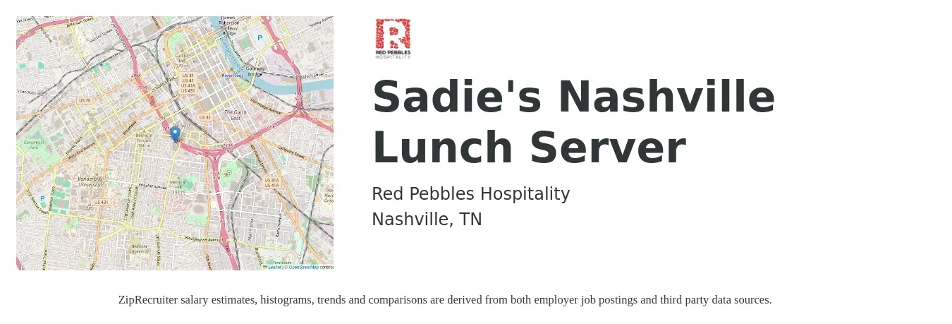 Red Pebbles Hospitality job posting for a Sadie's Nashville Lunch Server in Nashville, TN with a salary of $10 to $18 Hourly with a map of Nashville location.